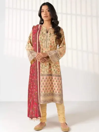 3 Pcs Women’s Unstitched Printed Suit – Off White Dobby Lawn Shirt with Lawn Trouser & Dobby Lawn Dupatta