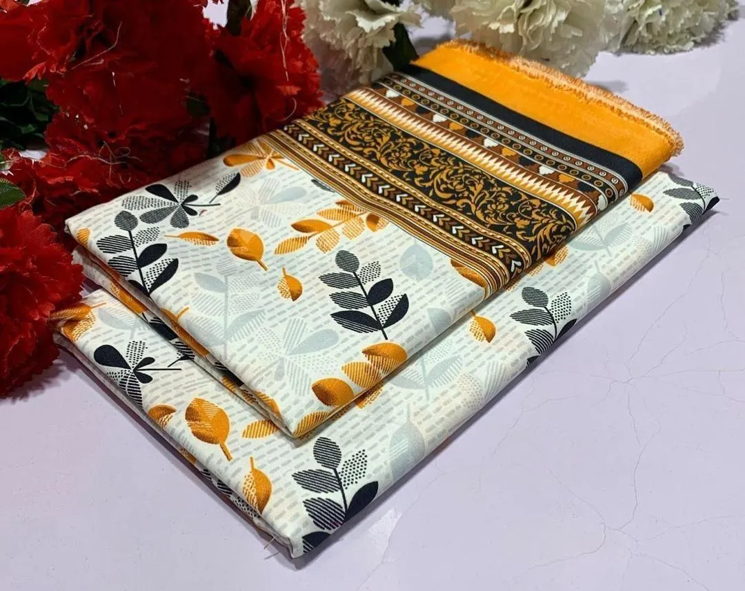 2 Pcs Women’s Unstitched Printed Suit – White Polo Cotton Shirt & Trouser