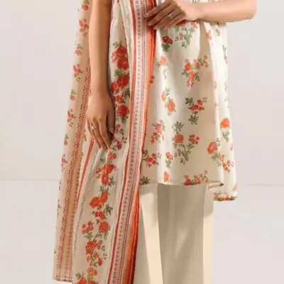 3 Pcs Women’s Unstitched Printed Lawn Suit – Off White Shirt, Trouser & Dupatta