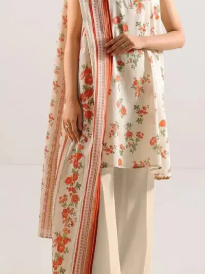3 Pcs Women’s Unstitched Printed Lawn Suit – Off White Shirt, Trouser & Dupatta