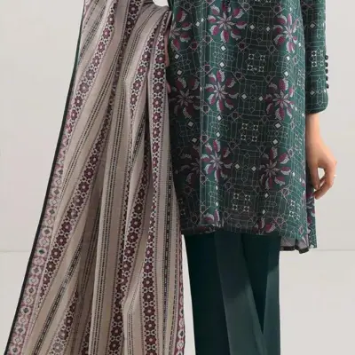 3 Pcs Women’s Unstitched Printed Lawn Suit – Black Shirt, Trouser & Dupatta
