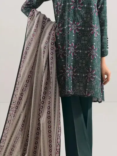 3 Pcs Women’s Unstitched Printed Lawn Suit – Black Shirt, Trouser & Dupatta