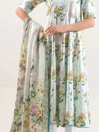 3 Pcs Women’s Unstitched Printed Lawn Suit – Green Shirt, Trouser & Dupatta