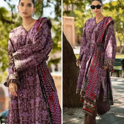 3 Pcs Women’s Unstitched Printed Lawn Suit – Purple Shirt, Trouser & Dupatta