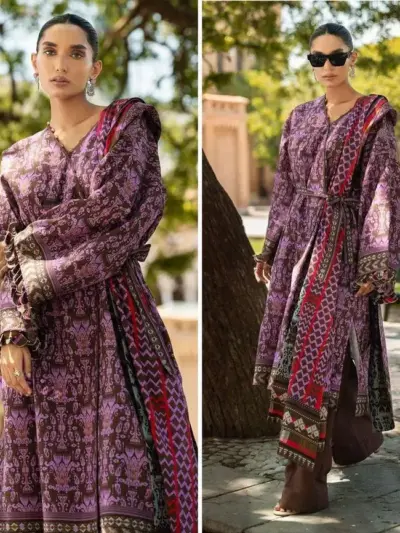 3 Pcs Women’s Unstitched Printed Lawn Suit – Purple Shirt, Trouser & Dupatta