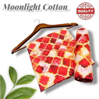 2 Pcs Women's Unstitched Red Printed Suit – Polo Cotton Shirt & Trouser