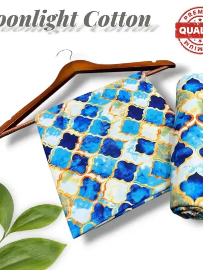 2 Pcs Women's Unstitched Blue Printed Suit – Polo Cotton Shirt & Trouser