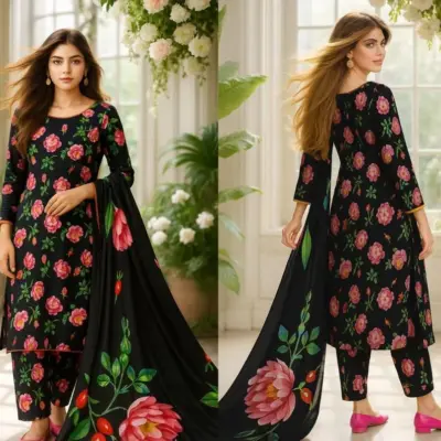 Black 3-Piece Women’s Unstitched Printed Lawn Suit – Shirt, Trouser & Digital Print Dupatta