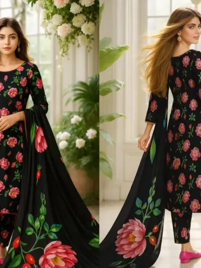 Black 3-Piece Women’s Unstitched Printed Lawn Suit – Shirt, Trouser & Digital Print Dupatta