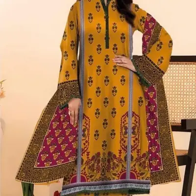 3 Pcs Women's Unstitched Printed Lawn Suit – Yellow