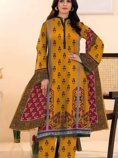 3 Pcs Women's Unstitched Printed Lawn Suit – Yellow