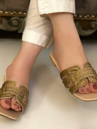 Women’s Fancy Synthetic Leather Flats Golden Embellished