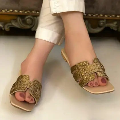 Women’s Fancy Synthetic Leather Flats Golden Embellished