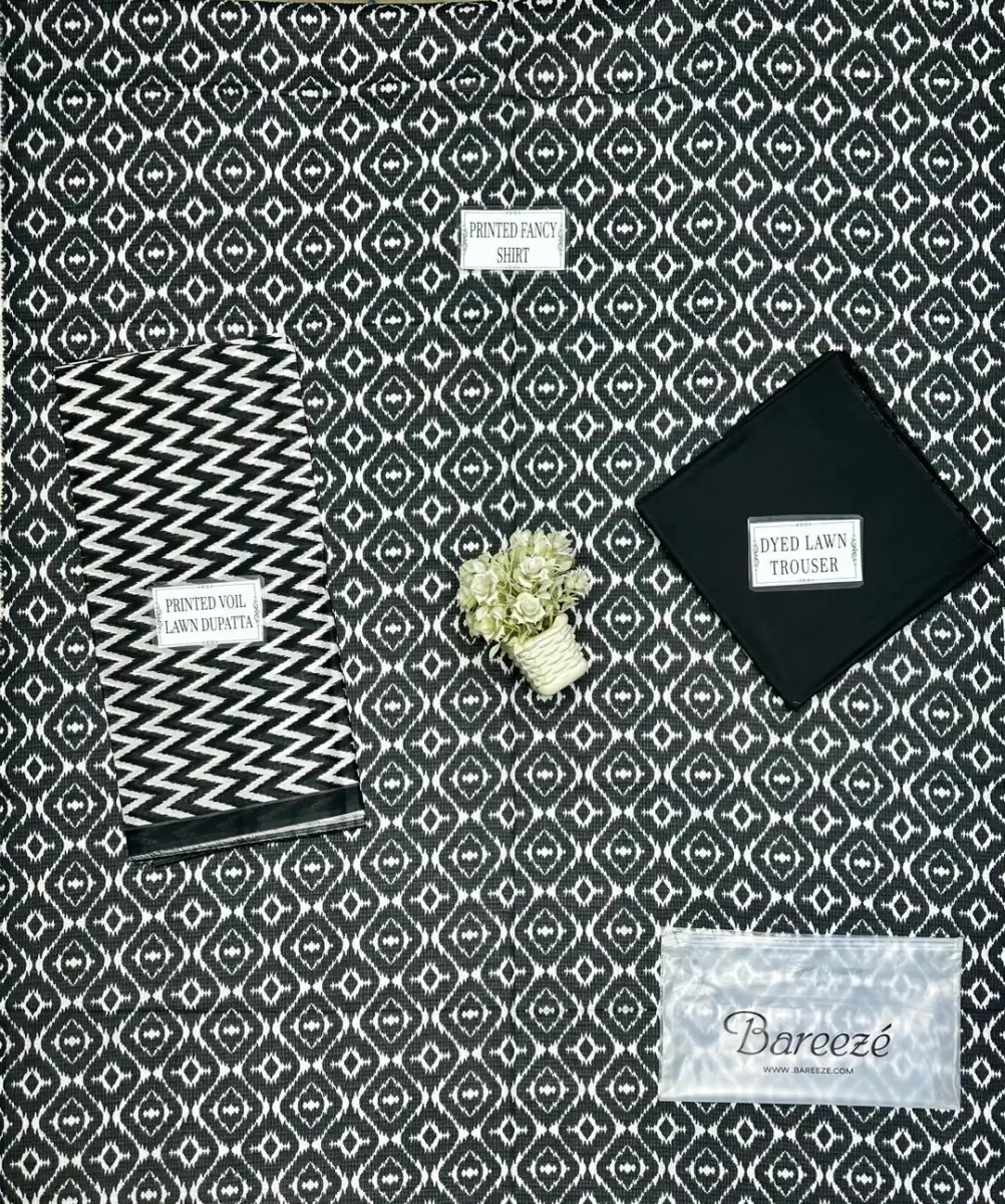 Black 3-Piece Women’s Unstitched Printed Lawn Suit – Plain Trouser & Dobby Lawn Dupatta