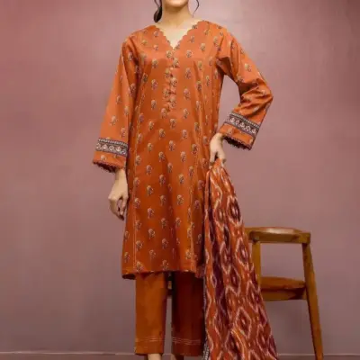 Women’s 3 Pcs Unstitched Printed Dobby Lawn Suit – Orange | Shirt, Trouser & Dupatta (3.0m / 2.5m / 2.5m)