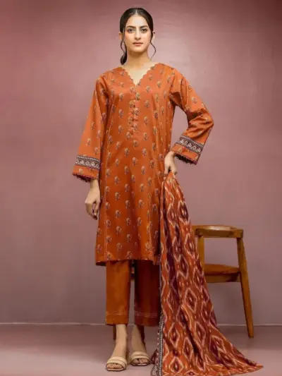 Women’s 3 Pcs Unstitched Printed Dobby Lawn Suit – Orange | Shirt, Trouser & Dupatta (3.0m / 2.5m / 2.5m)