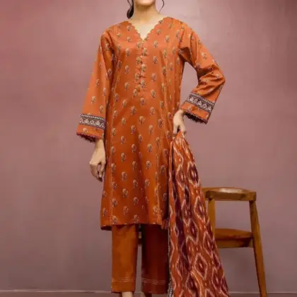 Women’s 3 Pcs Unstitched Printed Dobby Lawn Suit – Orange | Shirt, Trouser & Dupatta (3.0m / 2.5m / 2.5m)
