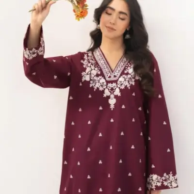 Motifze 2-Piece Women’s Unstitched Maroon Lawn Embroidered Suit – 2.5m Each