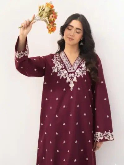 Motifze 2-Piece Women’s Unstitched Maroon Lawn Embroidered Suit – 2.5m Each