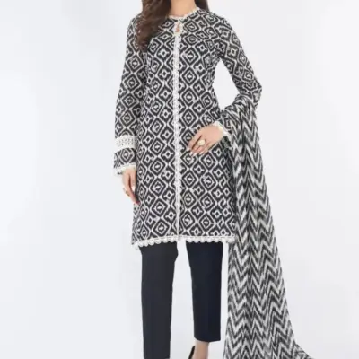 Black 3-Piece Women’s Unstitched Printed Lawn Suit – Plain Trouser & Dobby Lawn Dupatta