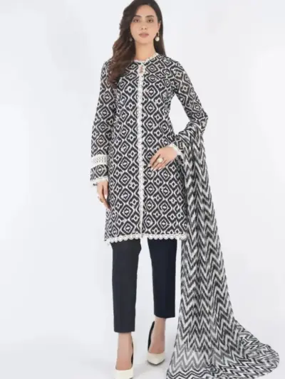Black 3-Piece Women’s Unstitched Printed Lawn Suit – Plain Trouser & Dobby Lawn Dupatta
