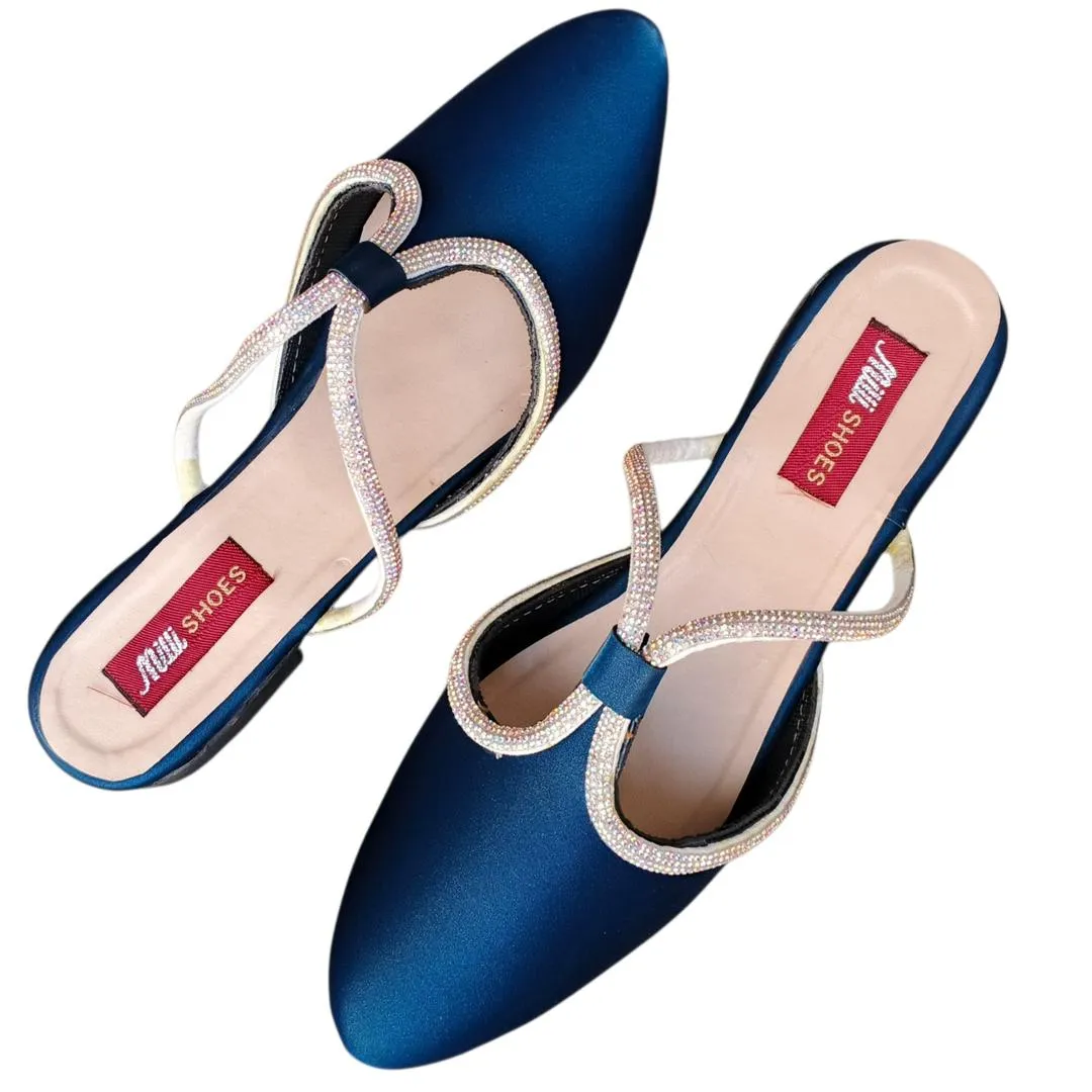 Women’s Synthetic Leather Fancy Flats Blue Rhinestone