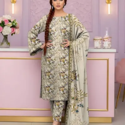 3 Pcs Women’s Unstitched Printed Suit Dobby Lawn Off White