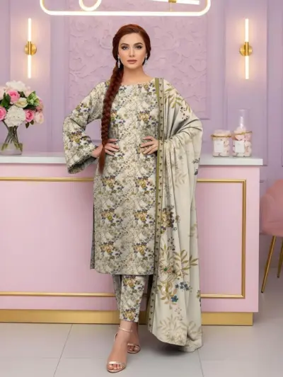 3 Pcs Women’s Unstitched Printed Suit Dobby Lawn Off White