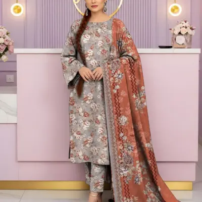 3 Pcs Women’s Unstitched Printed Suit Dobby Lawn Grey