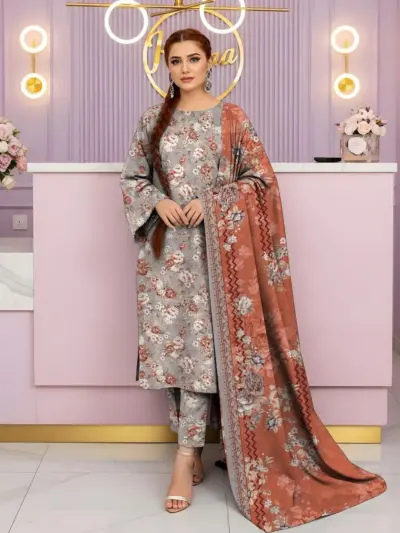 3 Pcs Women’s Unstitched Printed Suit Dobby Lawn Grey