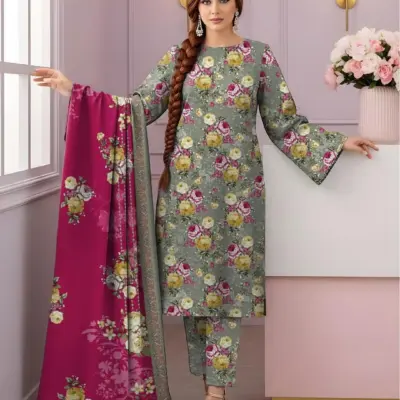 3 Pcs Women’s Unstitched Printed Suit Dobby Lawn Grey