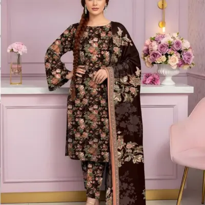 3 Pcs Women’s Unstitched Printed Suit Dobby Lawn Orange