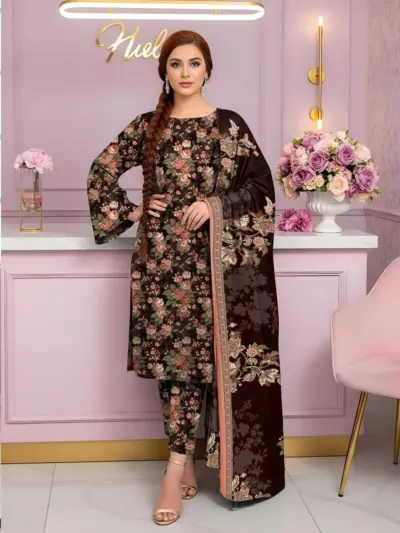 3 Pcs Women’s Unstitched Printed Suit Dobby Lawn Orange