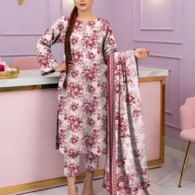 3 Pcs Women’s Unstitched Printed Suit Dobby Lawn Maroon