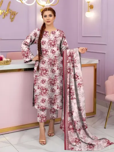 3 Pcs Women’s Unstitched Printed Suit Dobby Lawn Maroon