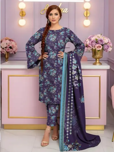 3 Pcs Women’s Unstitched Printed Suit Dobby Lawn Purple