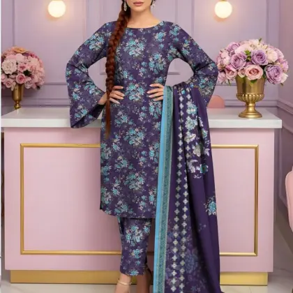 3 Pcs Women’s Unstitched Printed Suit Dobby Lawn Purple