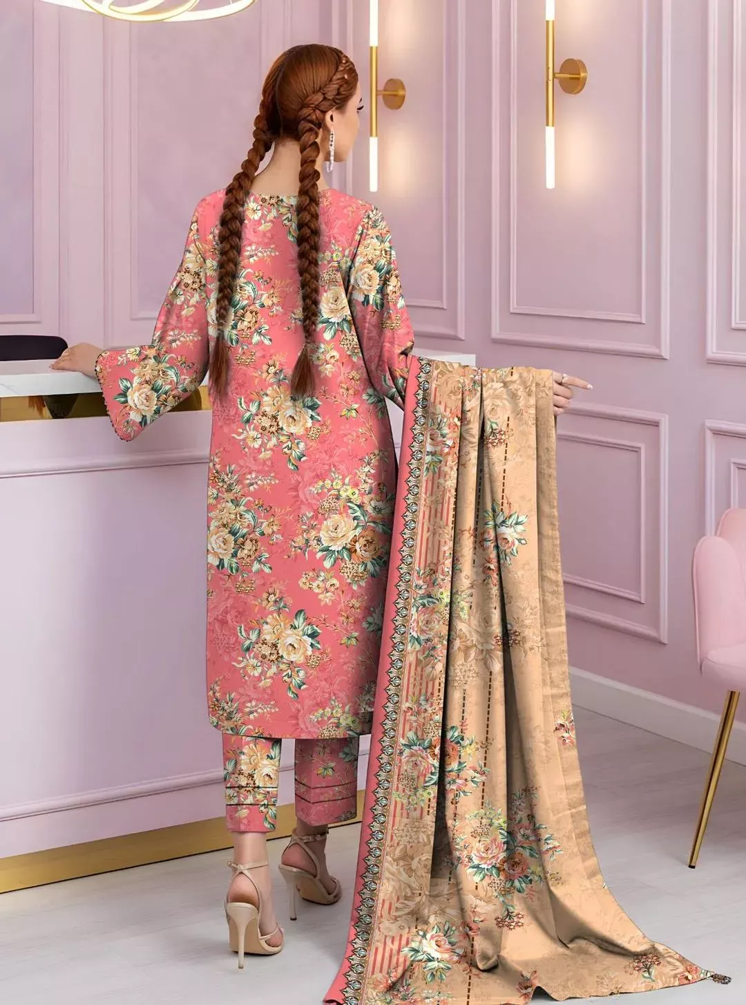 3 Pcs Women’s Unstitched Printed Suit Dobby Lawn Pink