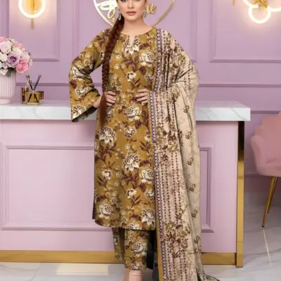 3 Pcs Women’s Unstitched Printed Suit Dobby Lawn Golden