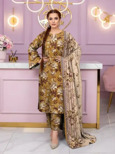 3 Pcs Women’s Unstitched Printed Suit Dobby Lawn Golden