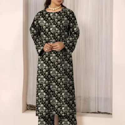 2 Pcs Women’s Unstitched Printed Lawn Suit – Black