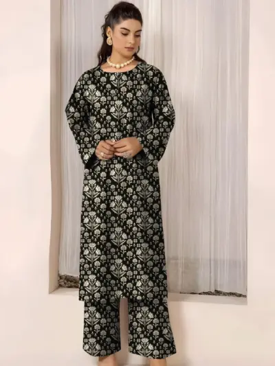 2 Pcs Women’s Unstitched Printed Lawn Suit – Black