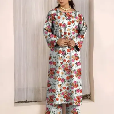 2 Pcs Women’s Unstitched Printed Lawn Suit – White