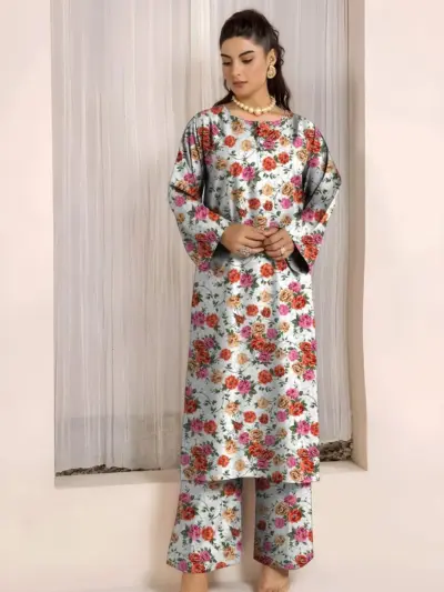 2 Pcs Women’s Unstitched Printed Lawn Suit – White