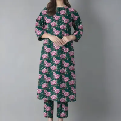 2 Pcs Women’s Unstitched Printed Lawn Suit Green