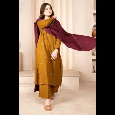Mustard 3-Piece Women’s Unstitched Embroidered Lawn Suit – Shirt, Trouser & Digital Print Dupatta