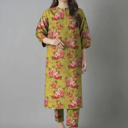 2 Pcs Women’s Unstitched Printed Lawn Suit – Yellow