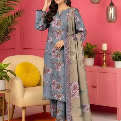 3 Pcs Women's Unstitched Printed Lawn Suit Grey