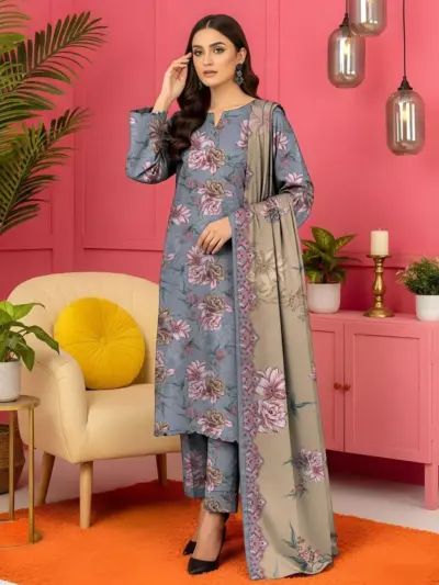 3 Pcs Women's Unstitched Printed Lawn Suit Grey
