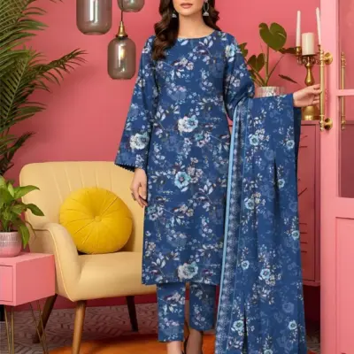 3 Pcs Women's Unstitched Printed Lawn Suit Blue